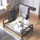 Merkloos Caddy Organizer voor Gootsteen - Multifunctionele Sponshouder en Theedoekenhouder voor Keuken en Badkamer - Zwart - Metaal