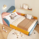 Ropilly Kinderbed Kinderbed met gestoffeerde zijkanten, 140x200 cm, kinderbed met verhoogde zijbescherming en een gestoffeerd hoofdeinde, meerkleurig fluweeldesign voor de kinderkamer
