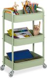 Relaxdays Keukentrolley, 3 laags, staal, serveerwagen, badkamer, kantoor, 71,5x43,5x29,5 cm, opbergtrolley, groen