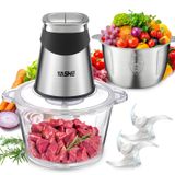 YASHE Hachoir Électrique 1,8L+2L, Robot de Cuisine avec Récipients en Verre et en Acier Inoxydable, Hachoir à Viande 500W à 2 Vitesses avec 2 Jeux de Lames, Noir/Gris