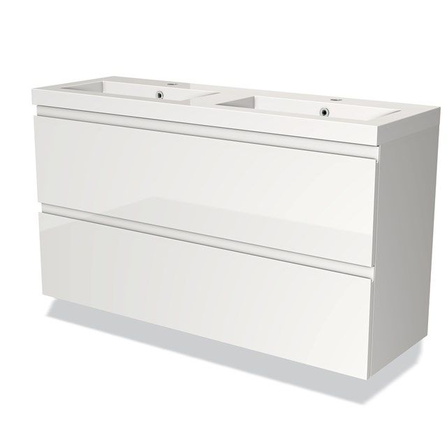 Maxaro Badkamermeubel 120cm Modulo Slim Hoogglans Wit 2 Lades Greeploos Mineraalmarmer