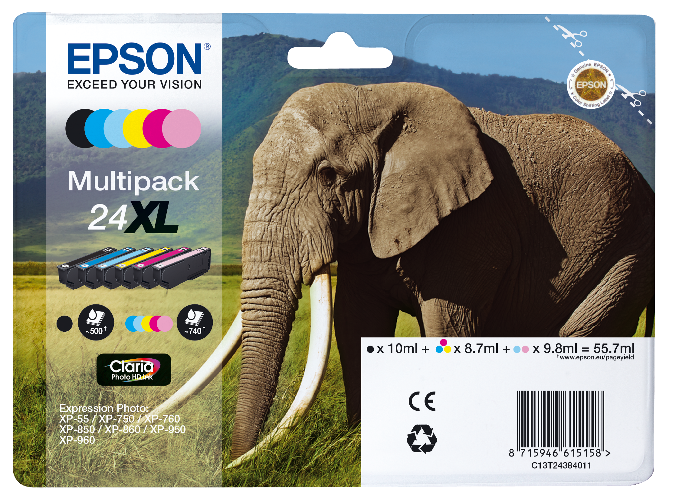 Epson Elephant Multipack 6-colours 24XL Claria Photo HD Ink multi pack / cyaan, geel, magenta, zwart, Lichtmagenta, Lichtyaan