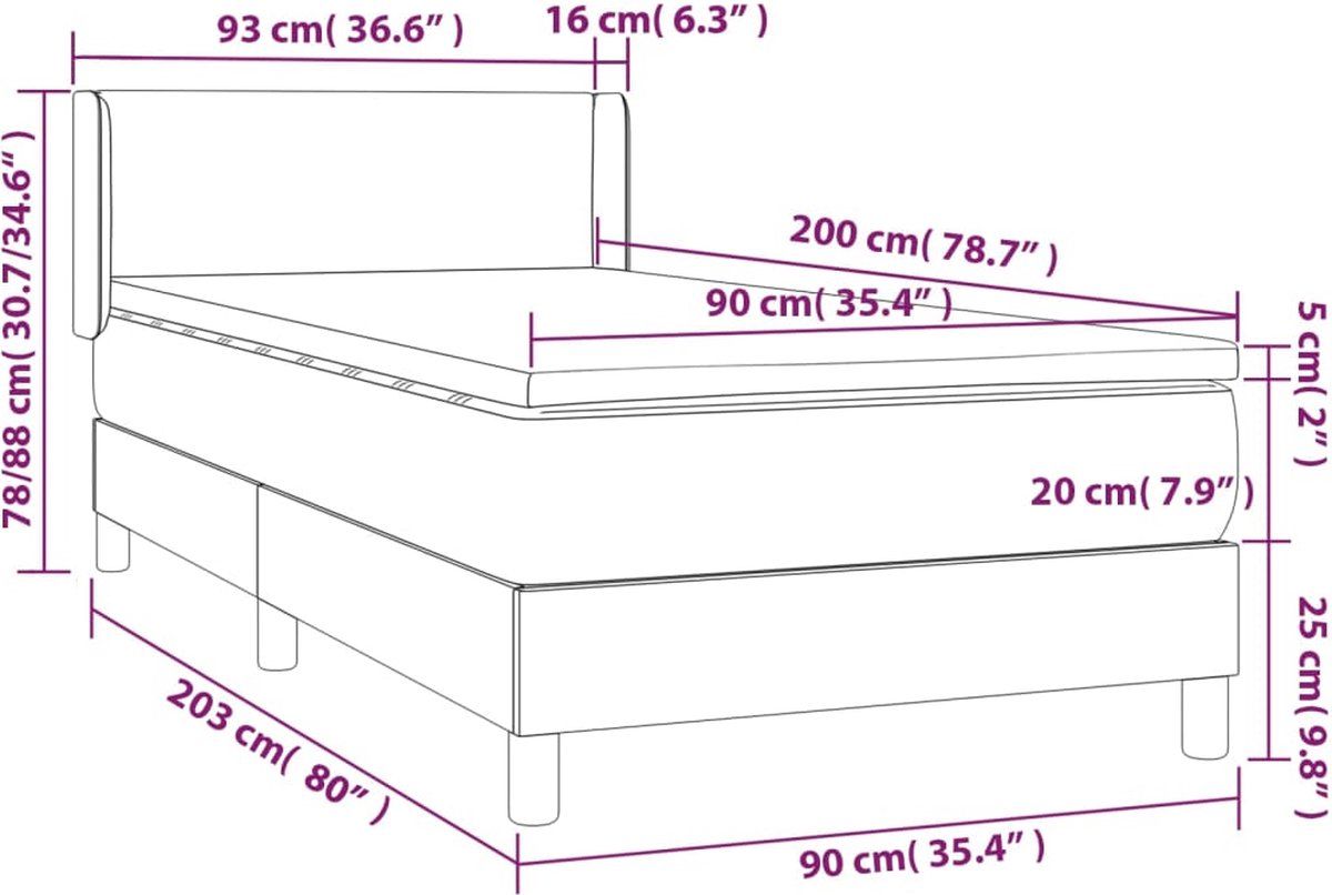 vidaXL Boxspring Bed - 90x200 cm - Lichtgrijs - Met Matras