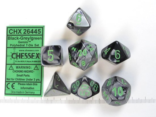 Chessex dobbelstenen set 7 polydice Gemini black-grey w/green