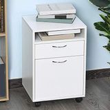 BAKAJI Draaibare commode voor bureau, van MDF, met lade en open plank, 4 wieltjes en sleutelsluiting, modern design, afmetingen 40 x 35 x 60 cm, kleur wit