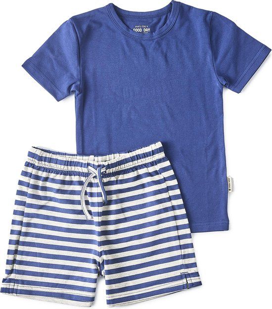 Little Label Pyjama Jongens Maat 146-152 - Blauw, Grijs - Zachte BIO Katoen - Shortama - 2-delige zomer pyama jongens - Gestreept