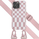 Selencia Hoesje iPhone 14 Pro Max - Siliconen Design Hoesje met Koord - Roze / Irregular Check Sand Pink