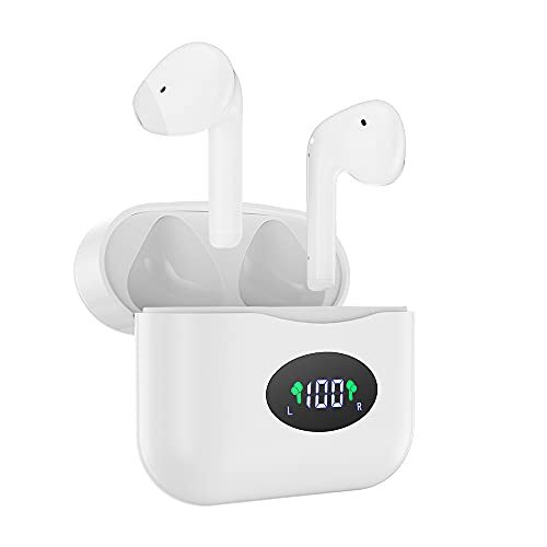 Langbbo Draadloze Bluetooth-hoofdtelefoon, 5.1, draadloze Bluetooth-hoofdtelefoon met scherm, iPx 65, waterbestendig, wit E-02
