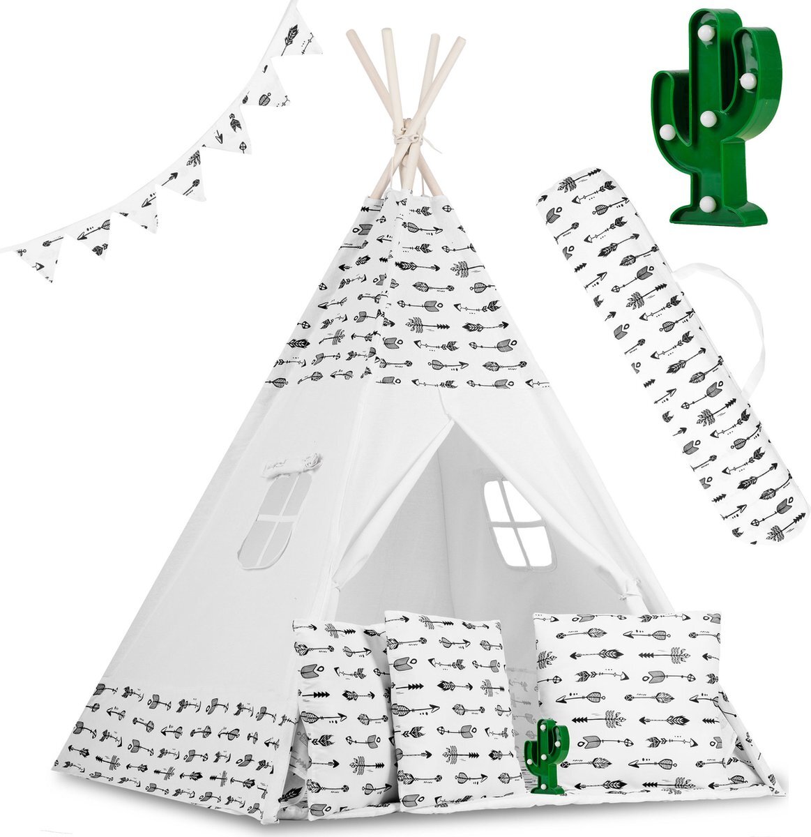 Viking Choice Tipi tent - Speeltent - Wit & pijlen - met Kussens en Lampjes