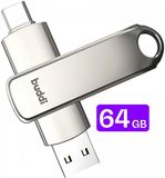 Buddi Clé USB-C 64Go | USB C et USB A | Clé de mémoire double | USB 3.1 | Plug & Play | Universel | Convient aux smartphones, tablettes, PC et plus | Espace de stockage supplémentaire | Gris