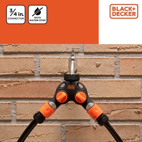 BLACK+DECKER Kraanstuk - 3/4 Inch Connector - Waterstop - 2 Weg Splitser - Zwart/ Oranje