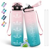 Drinkfles, 1 liter, motiverende waterfles, lekvrij, drinkfles met rietje voor volwassenen, drinkfles met tijdschema's voor drinken, fietsen, sport, kamperen, wandelen, roze-groen