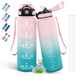 Drinkfles, 1 liter, motiverende waterfles, lekvrij, drinkfles met rietje voor volwassenen, drinkfles met tijdschema's voor drinken, fietsen, sport, kamperen, wandelen, roze-groen