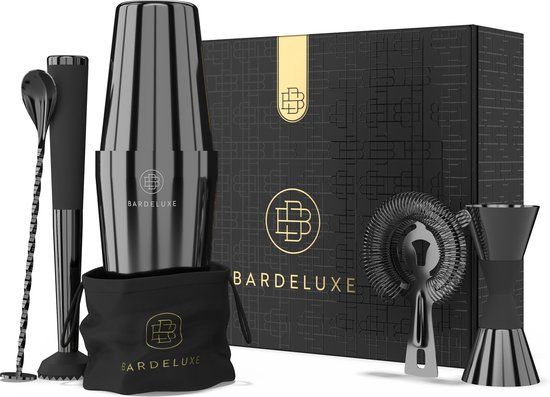BarDeluxe® Cocktail Shaker Set - 5-Delig Boston Shaker - Roestvrij staal & Siliconenrubber - Zwart