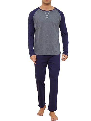 Reliwel Lange herenpyjama van katoen, tweedelig, lange mouwen en pyjamabroek met zakken, licht, zacht, Blauw/Grijs