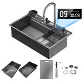 Évier en Inox - Évier avec bec cascade - Évier unique - 75 x 45 cm - Inox 304 - Robinet inclus - Noir