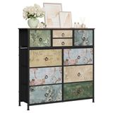 WOLTU Commode met 10 schuifladen van stof, dressoir ladekast | voor woonkamer, slaapkamer, hal, rustiek bruin met vintage bloemenmotief, 100 x 100 x 30 cm