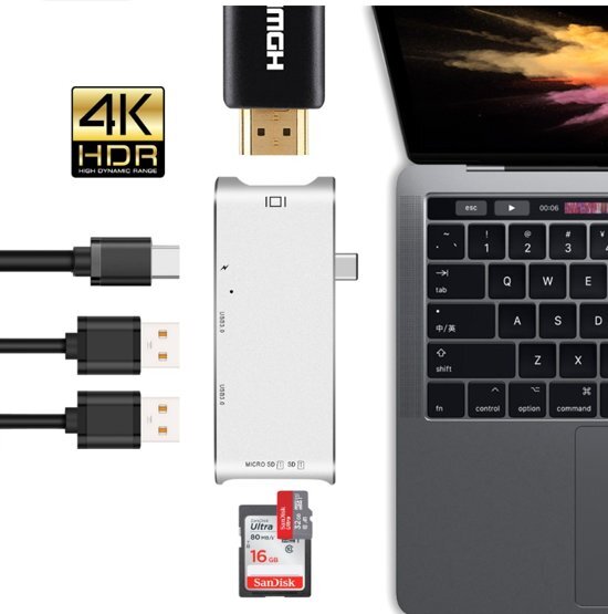 Drphone 6-in-1 Type-C Hub - USB-C Thunderbolt3 (40 Gb) /USB-C(5 Gb) naar 4K HDMI, 2 USB 3.0-poorten/SD/Micro SD-kaartlezer & USB-C Power Delivery(PD-opladen) â€“ Zilver