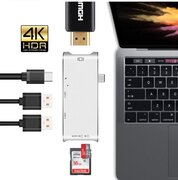 Drphone 6-in-1 Type-C Hub - USB-C Thunderbolt3 (40 Gb) /USB-C(5 Gb) naar 4K HDMI, 2 USB 3.0-poorten/SD/Micro SD-kaartlezer & USB-C Power Delivery(PD-opladen) â€“ Zilver