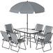 Ensemble de jardin - Meubles de jardin pour un coin salon - Table en verre (119 x 68 cm) - 6 chaises pliantes - Parasol à motif ondulé - Acier et textilène - Gris