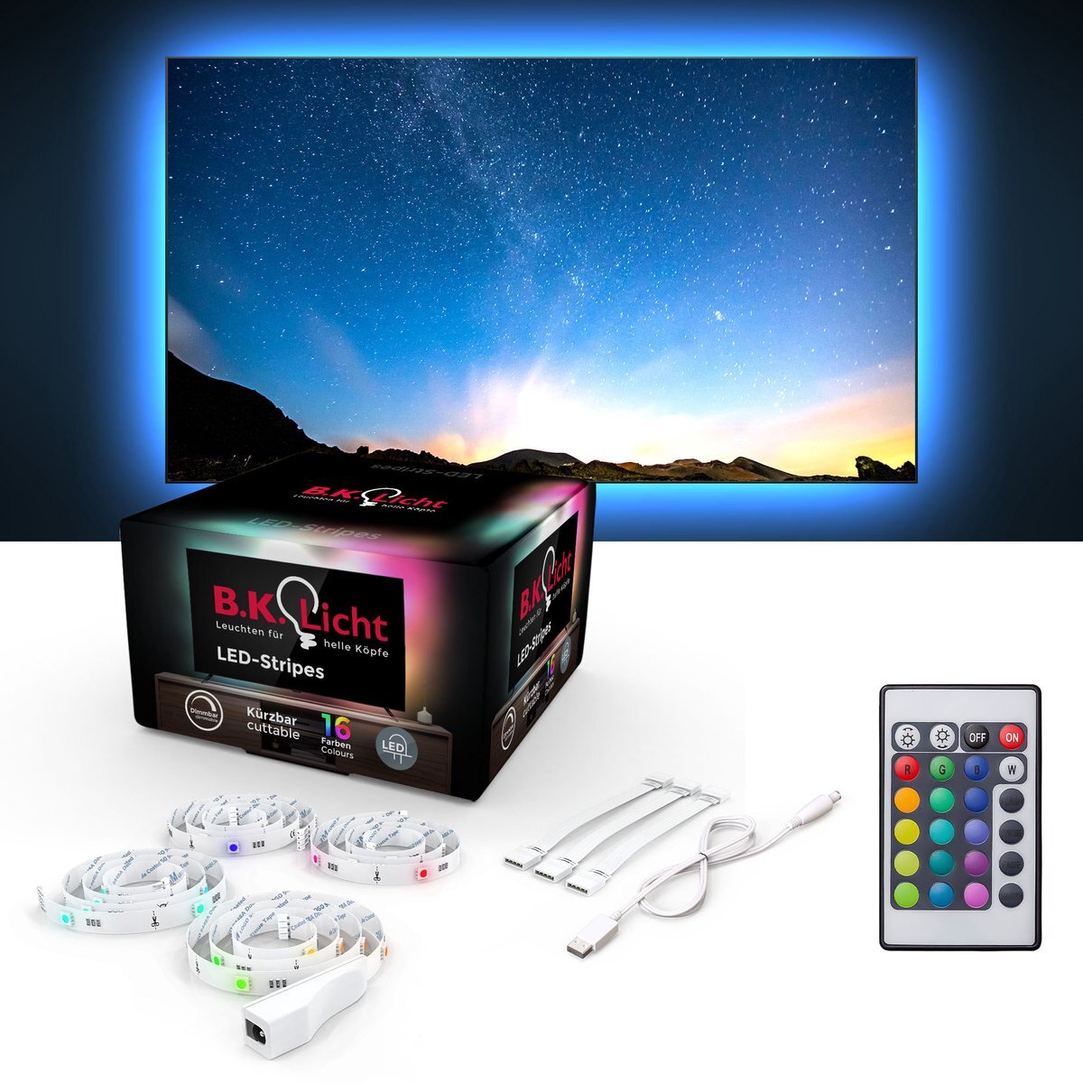 B.K.Licht I LED strip I 2 meter I RGB I strips voor TV/PC I incl. USB-aansluiting I LED lights incl. afstandsbediening I zelfklevend