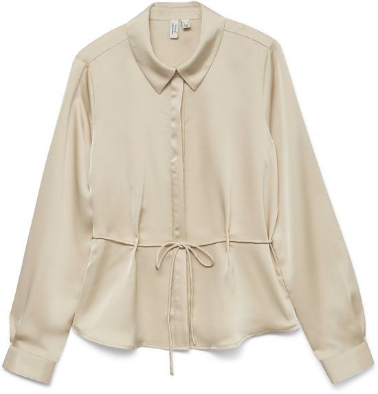 VERO MODA VMINDYA L/S SHIRT WVN BTQ GA Dames Blouse XL Polyester Satijn Effen Knopen Casual Regular Fit Lange Mouw Klassieke Kraag Herfst/Winter 2025 Ecru