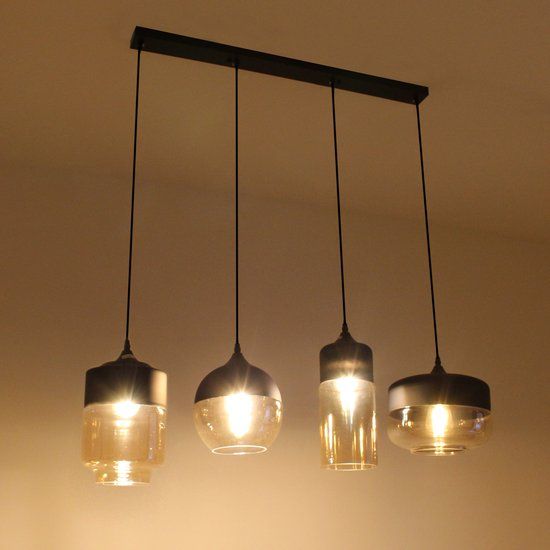 Rilimo Hanglamp - Industrieel - Zwart Glas - 4-Lichts - E27