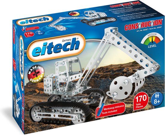 Eitech® Bouwdoos – Graafmachine met Rupsbanden – 170-delig – Metalen Bouwpakket met Gereedschap – Constructiespeelgoed – Vanaf 8 Jaar