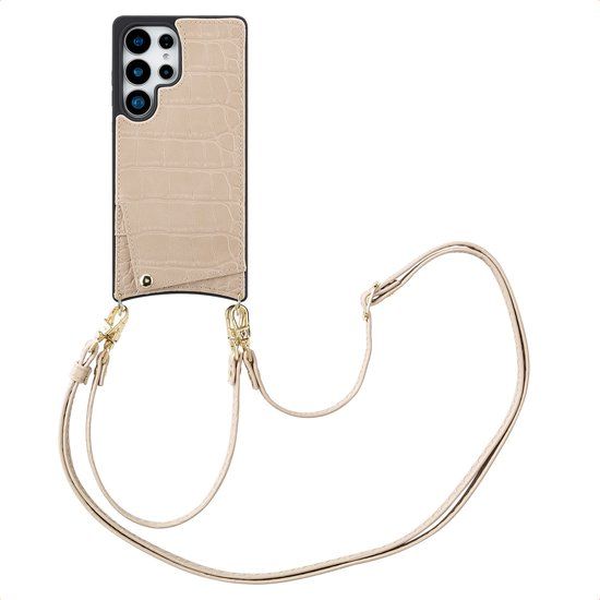 Selencia Hoesje - Geschikt voor Samsung Galaxy S25 Ultra - Croco Backcover met koord en pashouder - Beige