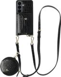 AVY Leren Hoesje geschikt voor Samsung Galaxy S26 | Met Koord, Wallet en Pouch | Compatibel met MagSafe | Leather Case met 130CM Koord | Long Leather | Croco Zwart