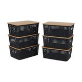 Relaxdays opbergbox set van 6, kunststof en bamboe, met deksel, handgrepen, 10.5x25.5x18 cm, zwart