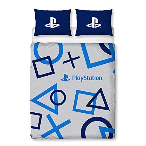 Character World Playstation Blue Double Dekbedovertrek Officieel gelicentieerd Sony Playstation Omkeerbare tweezijdige gaming beddengoed ontwerp met bijpassende kussensloop, polykatoen, blauw