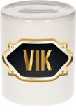 Bellatio Decorations Shoppartners Bv Spaarpot met voornaam Vik - wit - met goud/zwart embleem - 8 x 9 cm - keramiek - met afsluitdop - cadeau verjaardag
