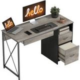 Bureau d'ordinateur 120x50cm gris avec rangement, plateau clavier escamotable, compartiment ouvert et 2 tiroirs. Meuble de bureau fonctionnel pour espace de travail.