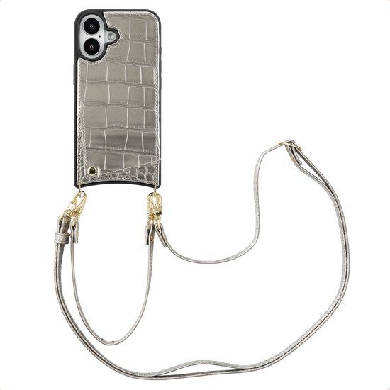 Selencia Hoesje - Geschikt voor Apple iPhone 16 - Croco Backcover met koord en pashouder - Zilver
