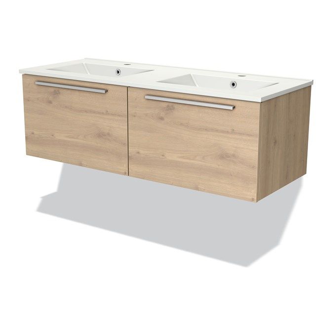 Maxaro Badkamermeubel 120cm Modulo Lichtbruin Eiken 2 Lades Vlak Wastafel Keramiek - 6095826231299