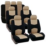 FH GROUP FH-FB050217 Set met drie rijen platte stoffen autostoelhoezen (4 emmerhoezen, 1 effen bankhoes), beige/zwart