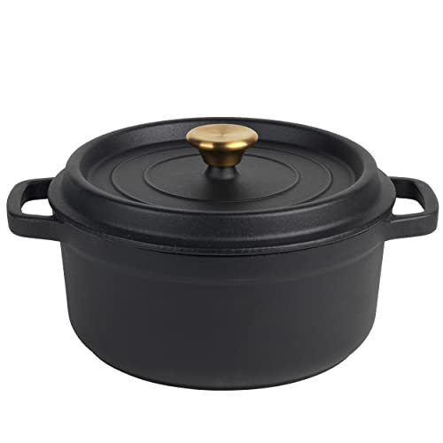 Russell Hobbs RH02524BEU7 Cast Iron 24CM Stockpot, Excellent Heat Retention Cookware, Oven Safe Up To 240°C, Induction Suitable, Tough Enamel Interior Coating, 3.4 Litres Deep, Black