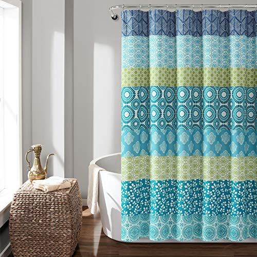 Lush Decor Bohemian Gestreept Douchegordijn Kleurrijk Vet Ontwerp, 72\" x 72\", Blauw en Groen