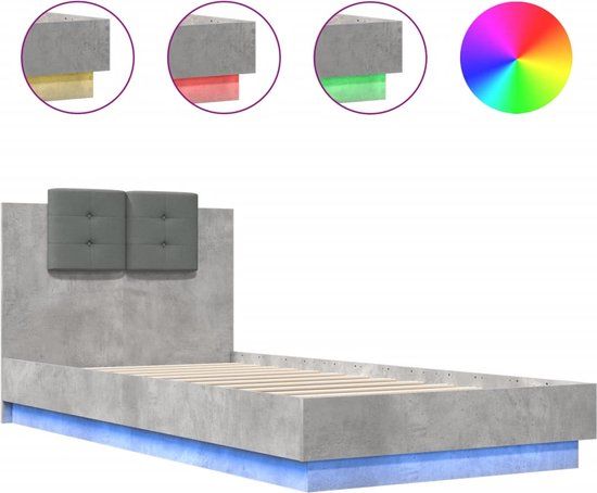 vidaXL Bedframe met hoofdbord en LED-verlichting, betongrijs, 100x200 cm