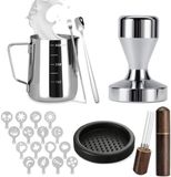 PromoHome Accessoireset voor Barista voor machine à expresso - Set de 22 pièces pour café avec tasseur à café de 51 mm, pichet à mousse de lait, outil WDT, tapis de tassage, stylo latte art, cuillère à café et 16 pochoirs - Outils professionnels pour expresso