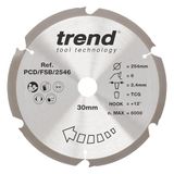 Trend PCD cirkelzaagblad van vezelcement, diameter 254 mm, boring 30 mm, 6 tanden, zaaglijn 2,4 mm, haak +12°, PCD, grove afwerking, PCD/FSB/2546