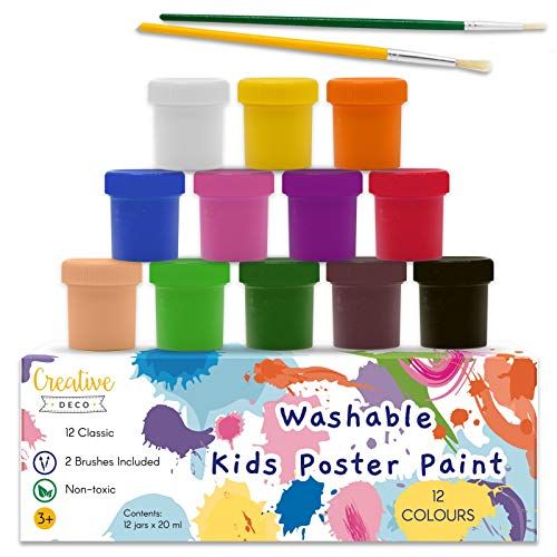 Creative Deco Wasbare Poster-Verf Set voor Kinderen | 12 potten x 20 ml | Niet-Giftig | Intense Basis-Kleuren | Perfect voor Beginners Studenten & Kunstenaars