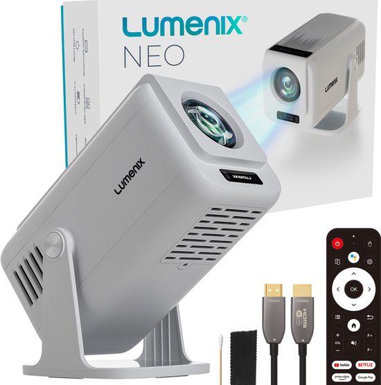 Lumenix® NEO Mini Beamer - Full HD Projector met Netflix, Android 13, WiFi 6 & Bluetooth 5.0 - Autofocus & 4D Keystone - Thuisbioscoop Beamer - Kleine Projector - Wit