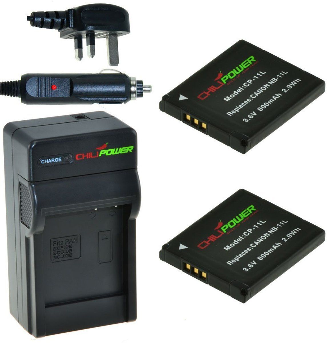 ChiliPower 2 x NB-11L accu's voor Canon - Charger Kit + car-charger - UK version