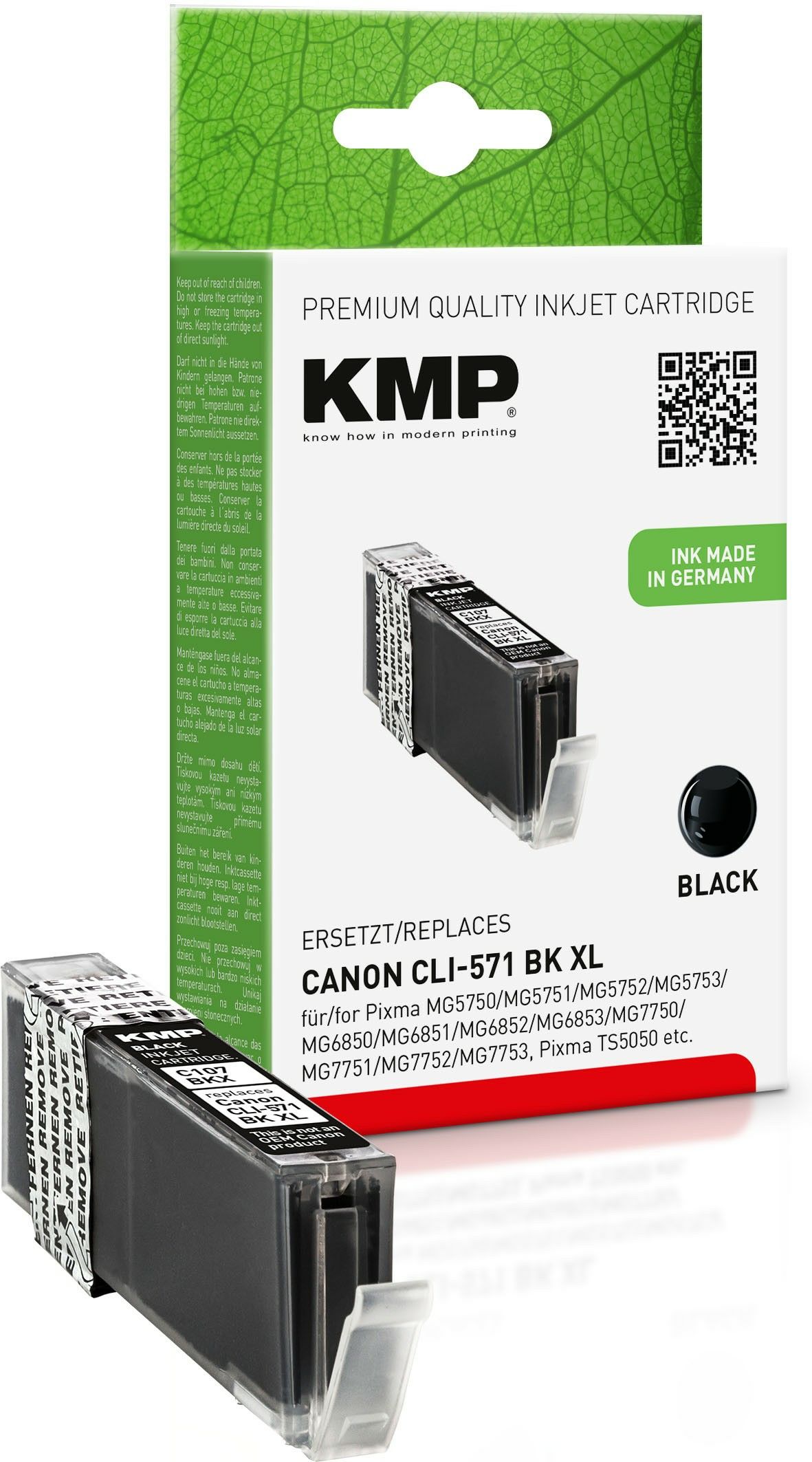 KMP C107BKX - Zwarte inktcartridge - 11 ml - 5565 pagina's - Compatibel met Canon PIXMA MG5750, MG6850, MG7750