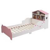 Merkloos Relaxdays Kinderbed - 70x140 cm - Huisvorm - Wit-Roze