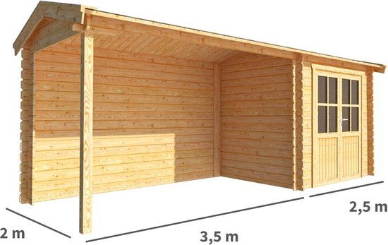 Merkloos Blokhut met overkapping Fenna 600 cm bij 200 cm diep Zadeldak bruin