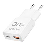 LogiLink PA0348 - Dual USB GaN (Gallium-nitrid) oplader, 1 x USB-C (PD), 1 x USB-A (QC), 30 W