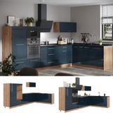 Vicco Hoekkeuken Fame-Line, Donkerblauw hoogglans/Goudkleurig Eiken, 347 cm